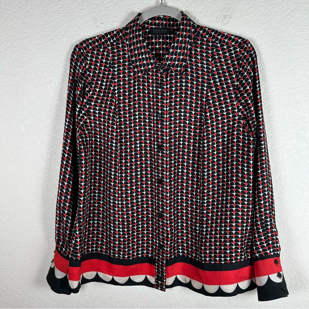 Carlisle Collection Silk blouse Office Preppy Collegiate geometric border Luxury